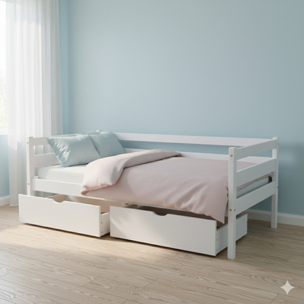Подростковая кровать белая  babyson 1 с ящиком 80x190смПодростковая деревянная кровать белая с ящиками 80x190см1